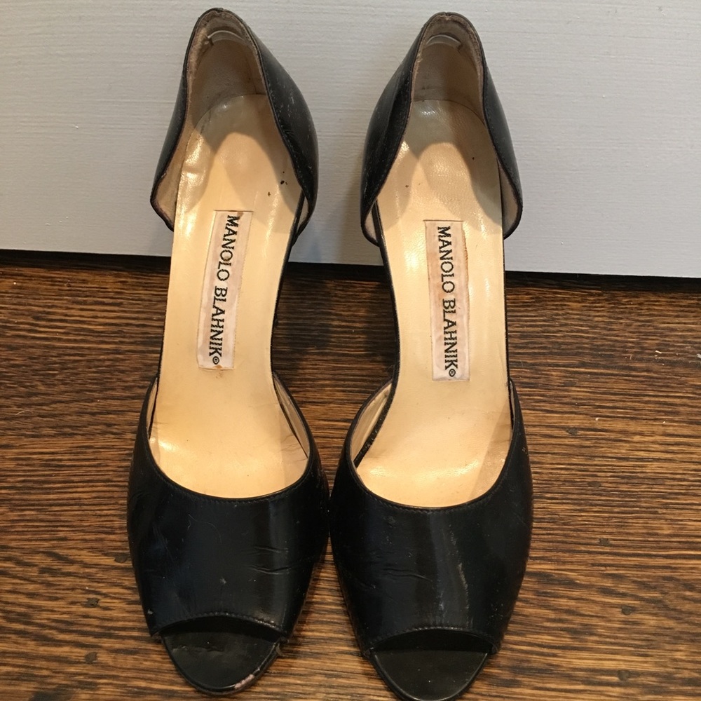 Manolo Blahnik Black Patent Peep Toe Heels